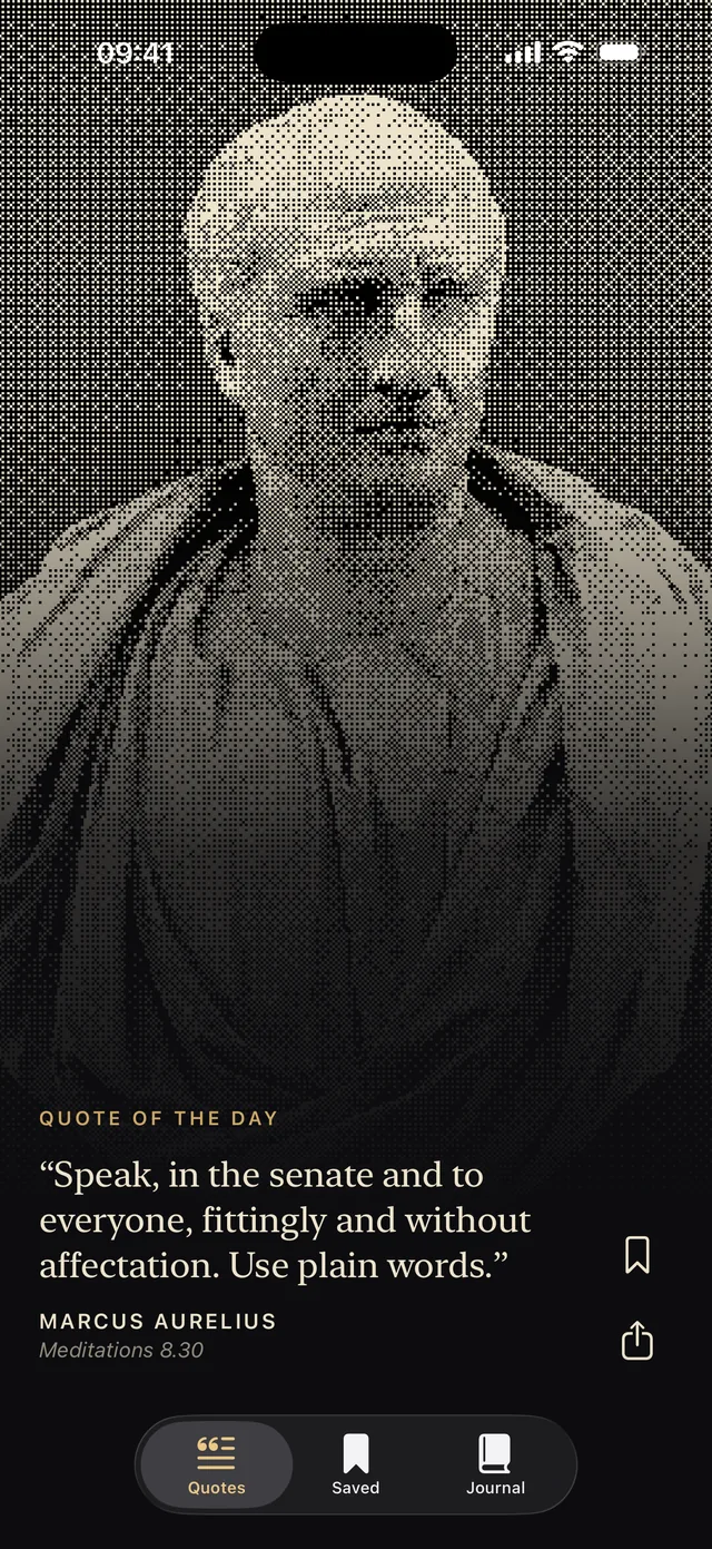 The Feed in Estoico, with the Quote of the day over a dithered bust