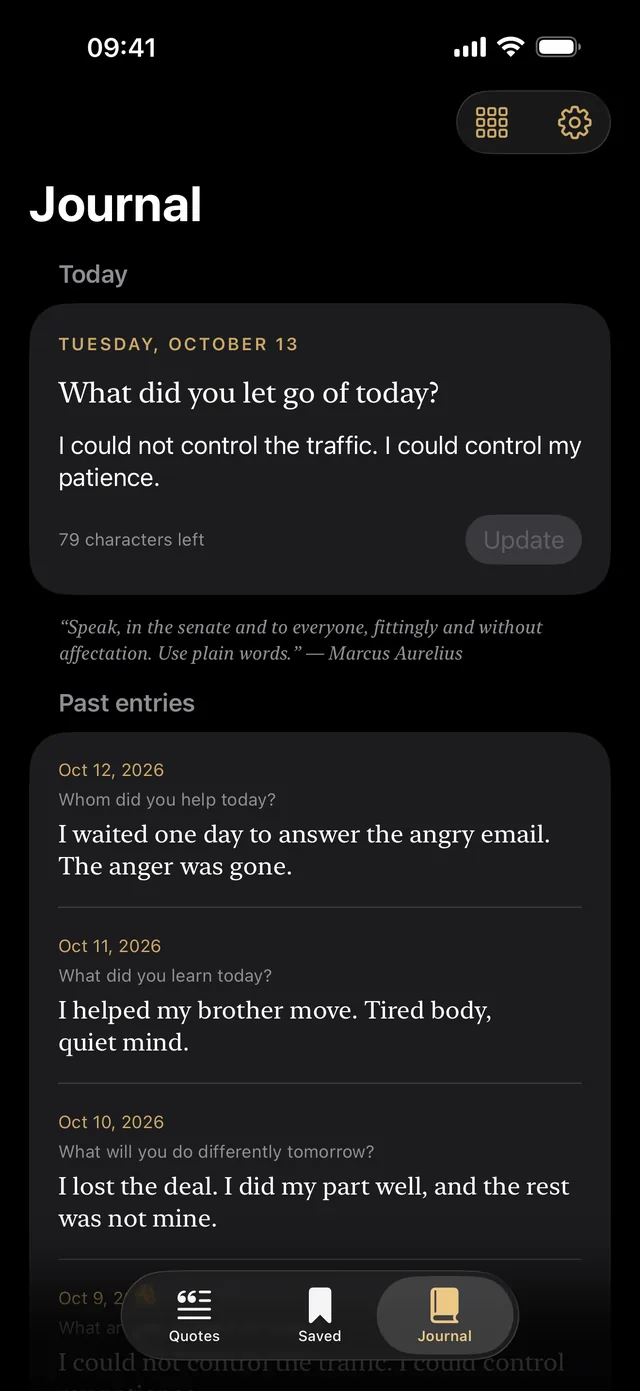 The Journal with the question of the day and past entries